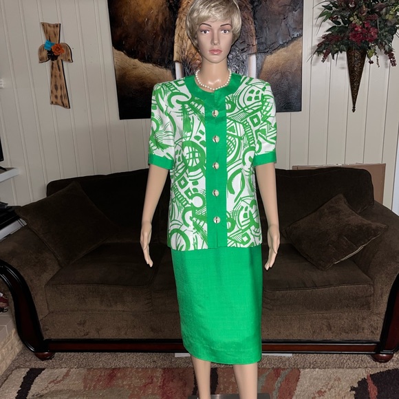 Gene Roye Dresses & Skirts - Gene Roye • Vintage • Silk • Lime Green / White • Geometric • Size 12 • Dress